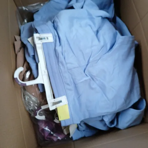 BOX OF APPROXIMATELY 50 ASSORTED CLOTHING ITEMS IN VARIOUS STYLES , COLOURS AND SIZES