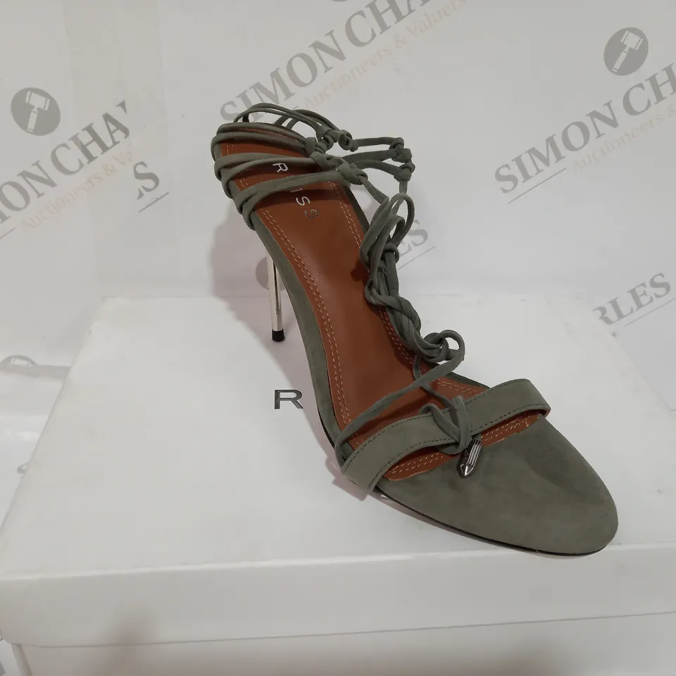 BOXED PAIR OF REISS ZHANE STRAPPY SUEDE HEELS IN GREEN SIZE 6