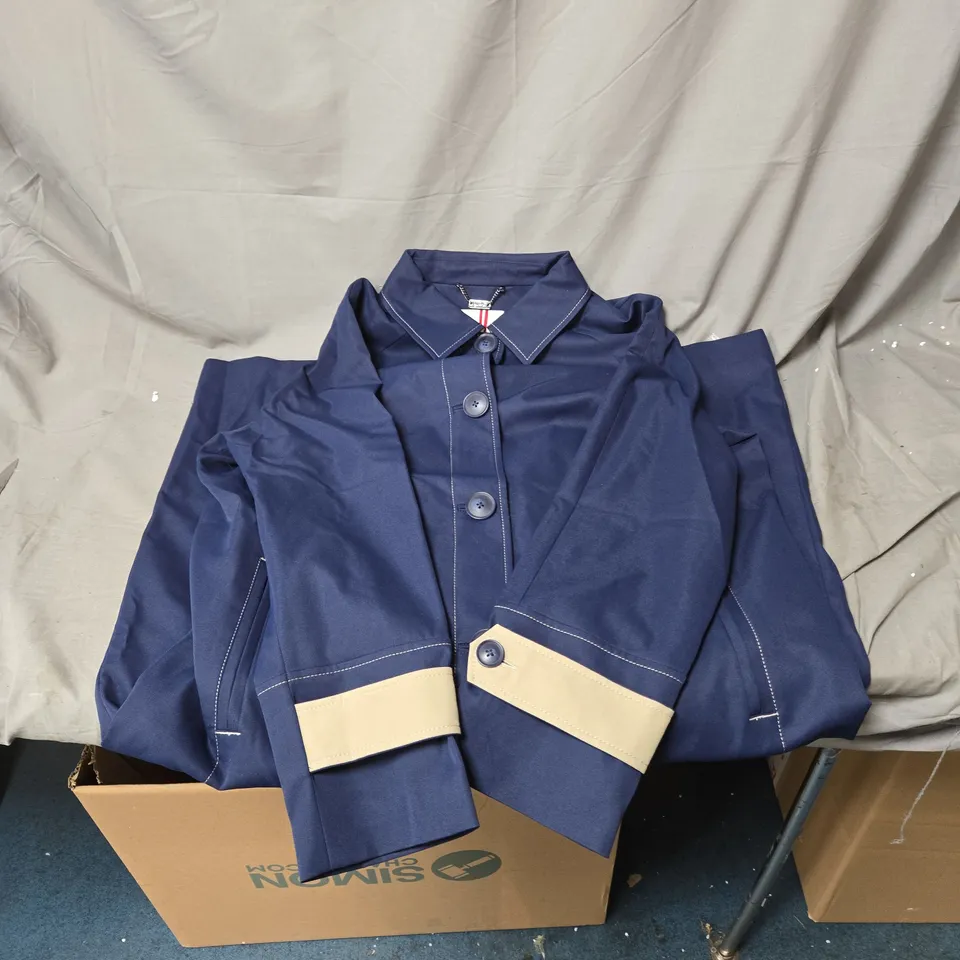 BEN DE LISI NAVY COAT WITH CREAM STRAP DETAILING – WOMEN'S SIZE 10