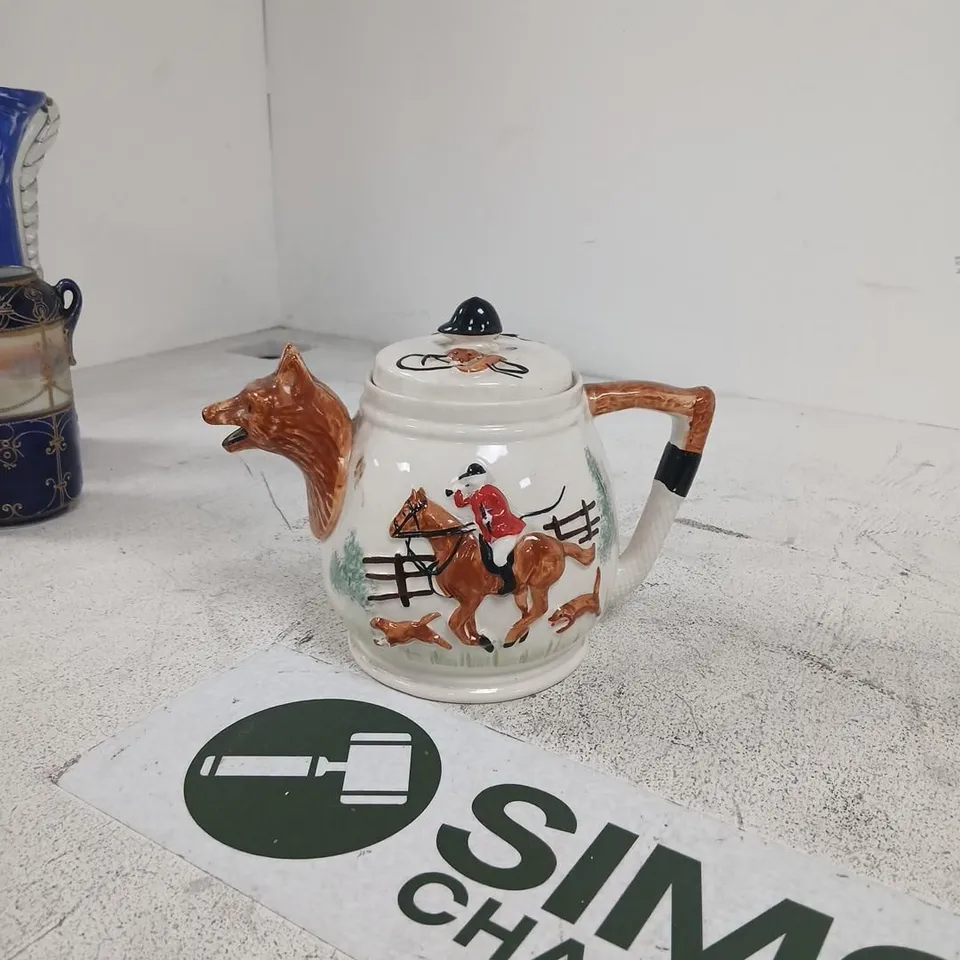 VINTAGE FOX HUNT CERAMIC TEA SET TEAPOT JUG SUGAR POT HAND PAINTED COLLECTIBLE