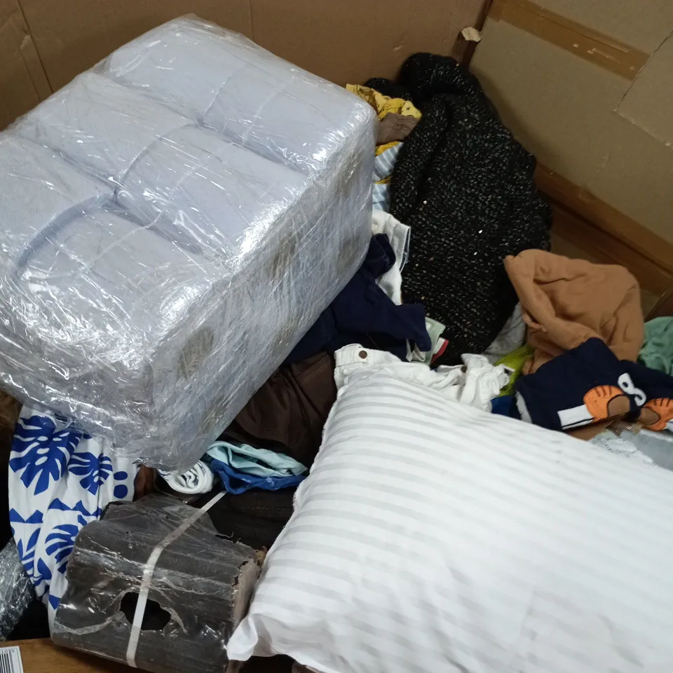 PALLET OF APPROXIMATELY 50 ASSORTED ITEMS TO INCLUDE BARNDED CLOTHING, BLUE PAPER ROLLS, PILLOWS, ETC - COLLETCION ONLY