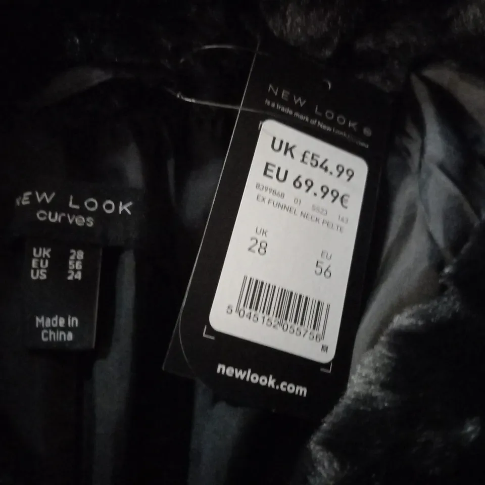 new look curves pelted faux fur black coat - uk 28