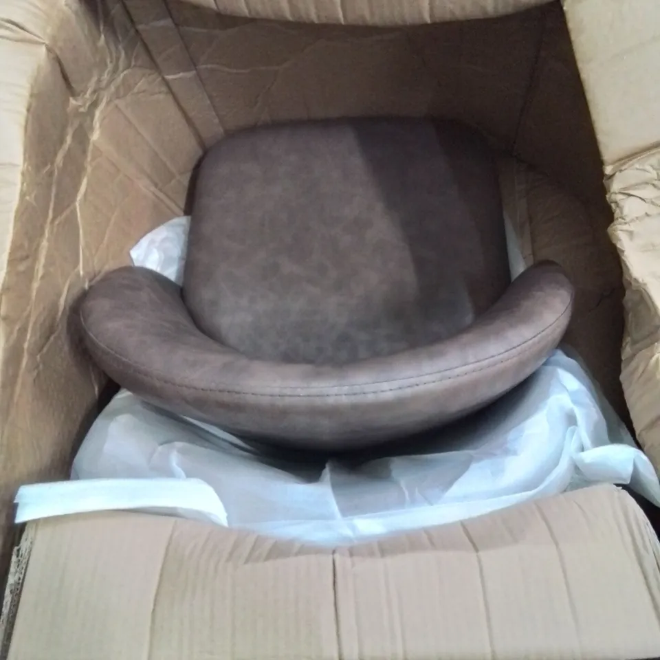 A BOXED PAIR OF BROWN FAUX LEATHER KITCHEN STOOLS
