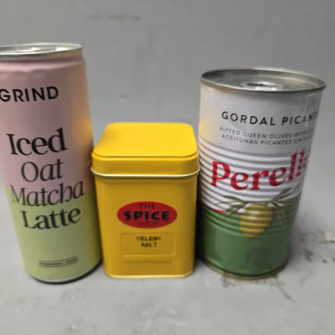APPROXIMATELY 15 ASSORTED FOOD & DRINK ITEMS TO INCLUDE - GRIND ICED OAT MATCHA LATTE , THE SPICE SHOP CELERY SALT , GORDAL PICANTE PERELLO