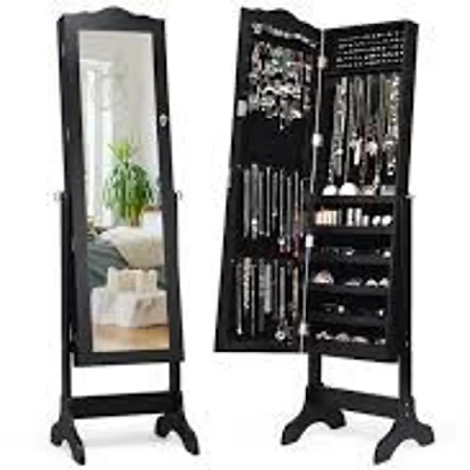 COSTWAY MOBILE JEWELRY CABINET, FLOOR STANDING LOCKABLE JEWELRY ARMOIRE WITH FULL LENGTH MIRROR, DRAWER AND WHEELS, MAKEUP JEWELLERY STORAGE ORGANISER UNIT FOR BEDROOM DRESSING ROOM (BLACK)