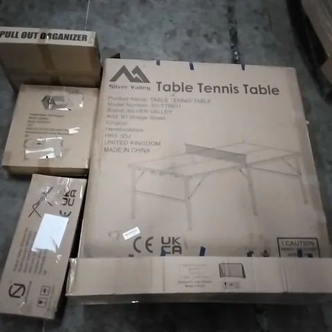 PALLET OF ASSORTED PRODUCTS INCLUDING TABLE TENNIS TABLE, PULL OUT ORGANISER, PET PLAYPEN, WORKOUT BAR, SOCCER GOAL