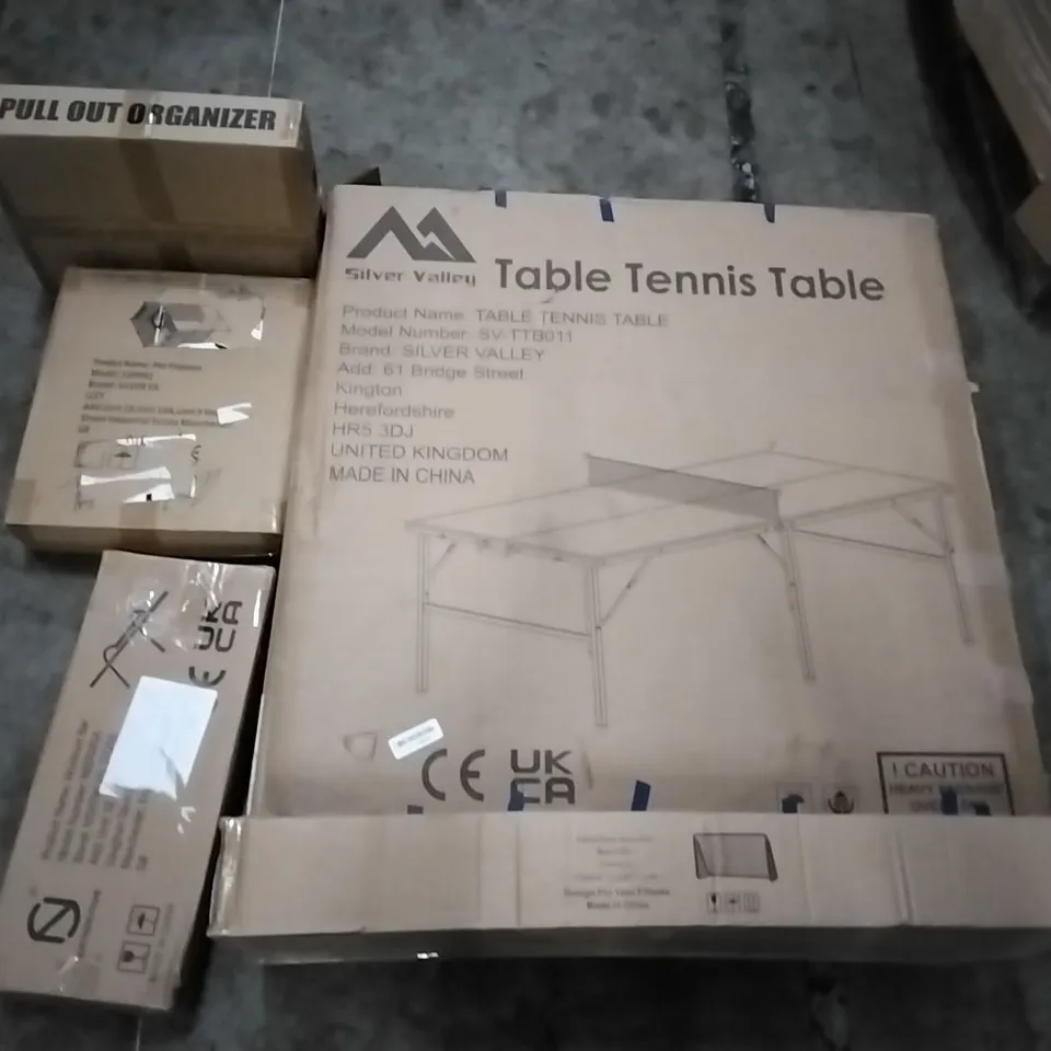 PALLET OF ASSORTED PRODUCTS INCLUDING TABLE TENNIS TABLE, PULL OUT ORGANISER, PET PLAYPEN, WORKOUT BAR, SOCCER GOAL