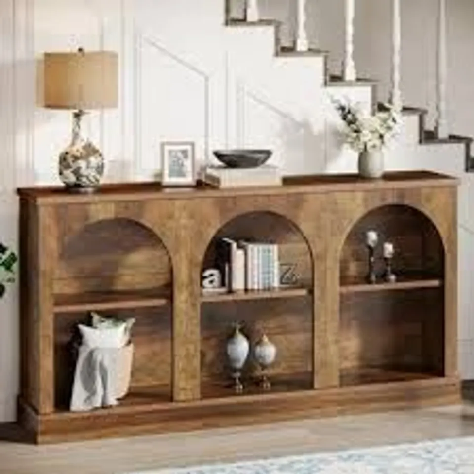 BOXED LONG RUSTIC BROWN RECTANGLE MDF CONSOLE TABLE WITH STORAGE SHELVES, NARROW SOFA TABLE ENTRYWAY TABLE