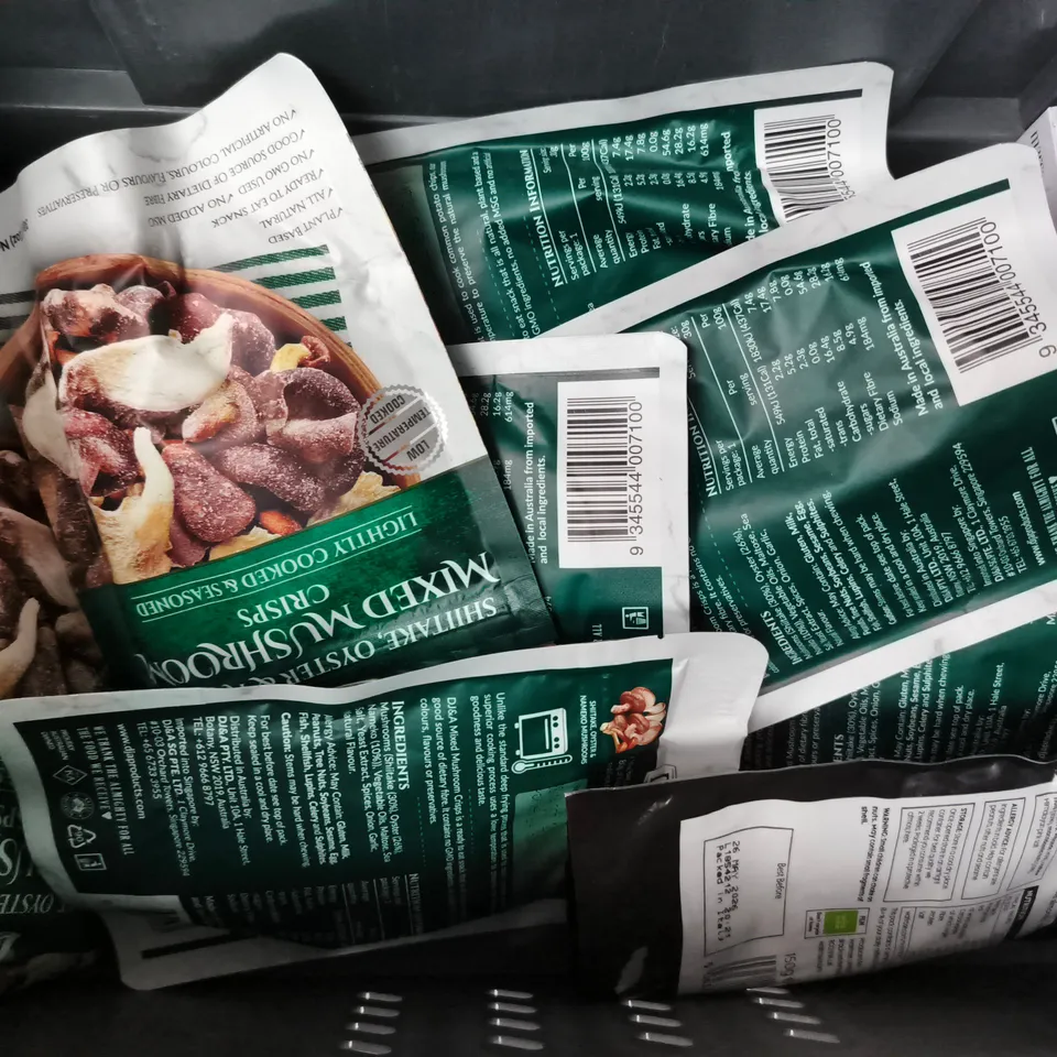 APPROXIMATELY 10 ASSORTED FOOD AND DRINK ITEMS TO INCLUDE MUSHROOM CRISPS, GRIND COFFEE, ETC