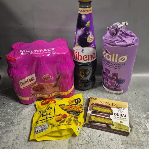 APPROXIMATELY 10 ASSORTED FOOD/DRINK PRODUCTS TO INCLUDE RIBENA, SLIMFAST, DUBAI CHOCOLATE ETC 