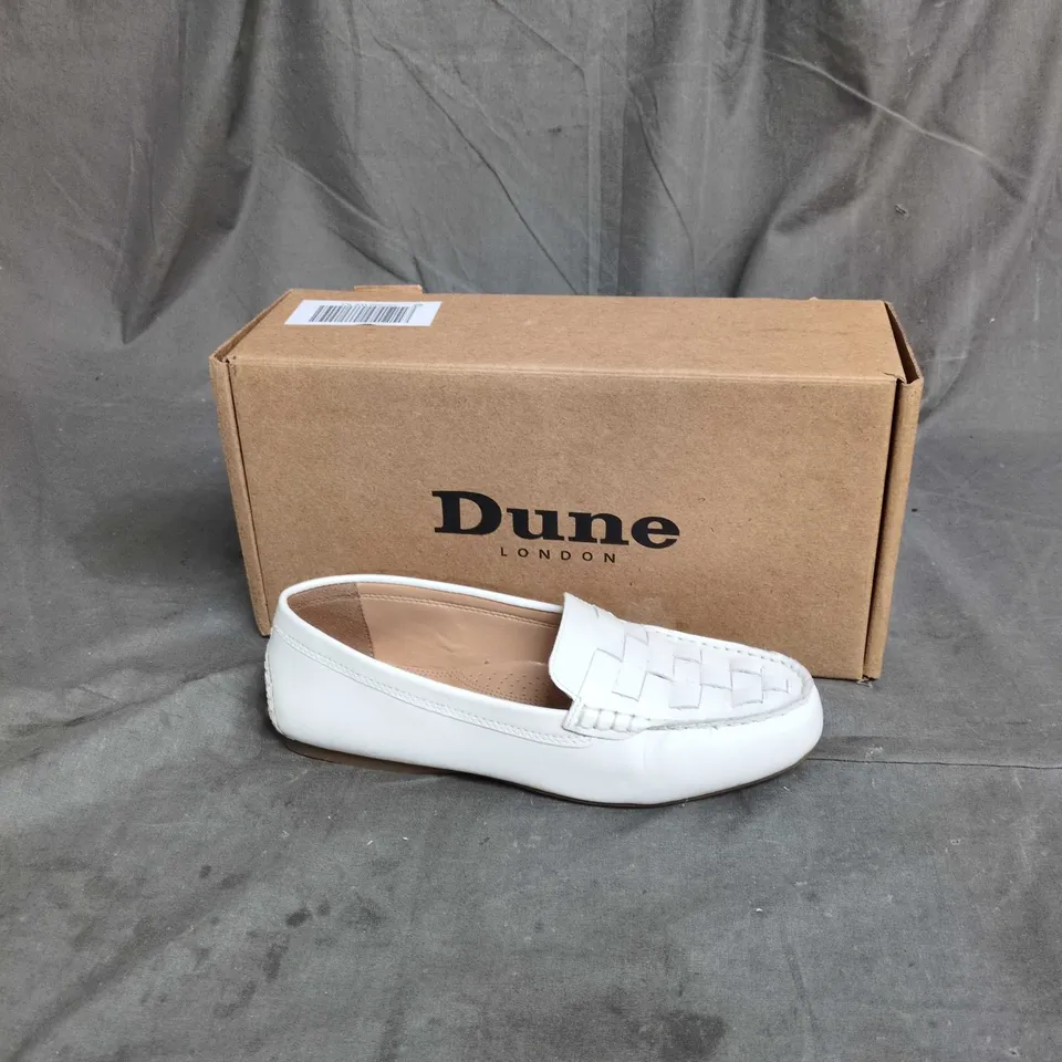 DUNE LONDON WHITE LEATHER LOAFERS, WOVEN FRONT – UK 3 (EU 36)