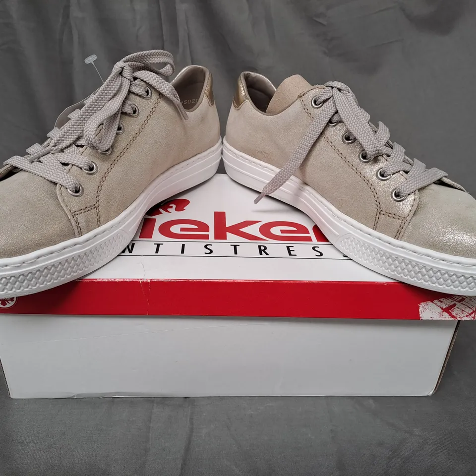 BOXED PAIR OF RIEKER SHOES IN METALLIC GOLD SIZE 6