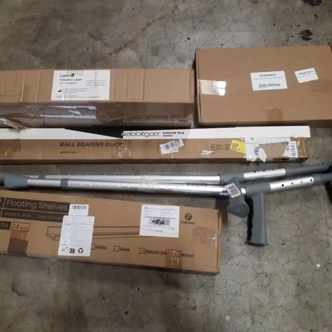 PALLET CONTAINING ASSORTED PRODUCTS INCLUDING FLOATING SHELVES, CRUTCHES, BALL BEARING SLIDE, WINDOW FILM, PENDANT LAMP & RUSSIAN STYLE NAIL BUTTERFLY HAND PILLOW