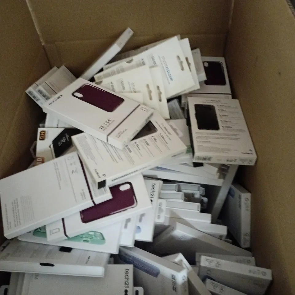 BOX OF APPROXIMATELY 200 ASSORTED PHONE CASES TO INCLUDE: TECH21 EVO GEM CASES FOR IPHONE 7