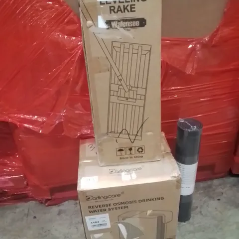 PALLET OF ASSORTED HOUSEHOLD GOODS AND PRODUCTS TO INCLUDE;LEVELING RAKE,DRINKING WATER SYSTEM,MAT