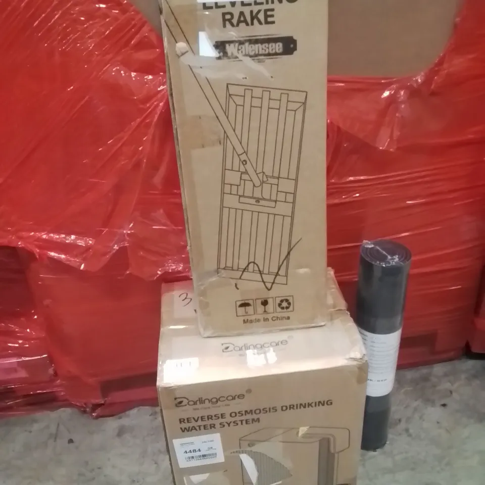 PALLET OF ASSORTED HOUSEHOLD GOODS AND PRODUCTS TO INCLUDE;LEVELING RAKE,DRINKING WATER SYSTEM,MAT