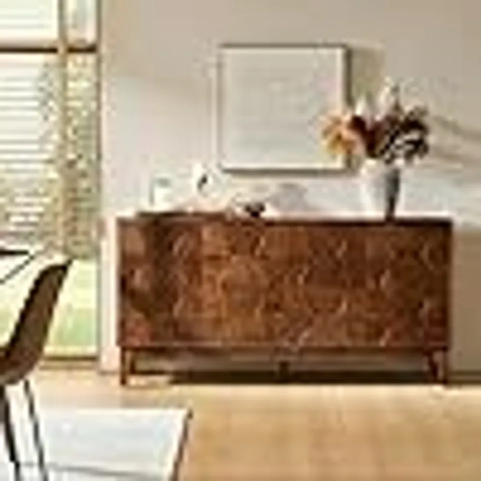 BOXED HULALA HOME MID CENTURY SIDEBOARD BUFFET CABINET WITH SOLID WOOD LEGS, 60" KITCHEN STORAGE CABINET CREDENZA WITH 4 DOORS AND 2 SHELVES, ACCENT CONSOLE TABLE, WALNUT