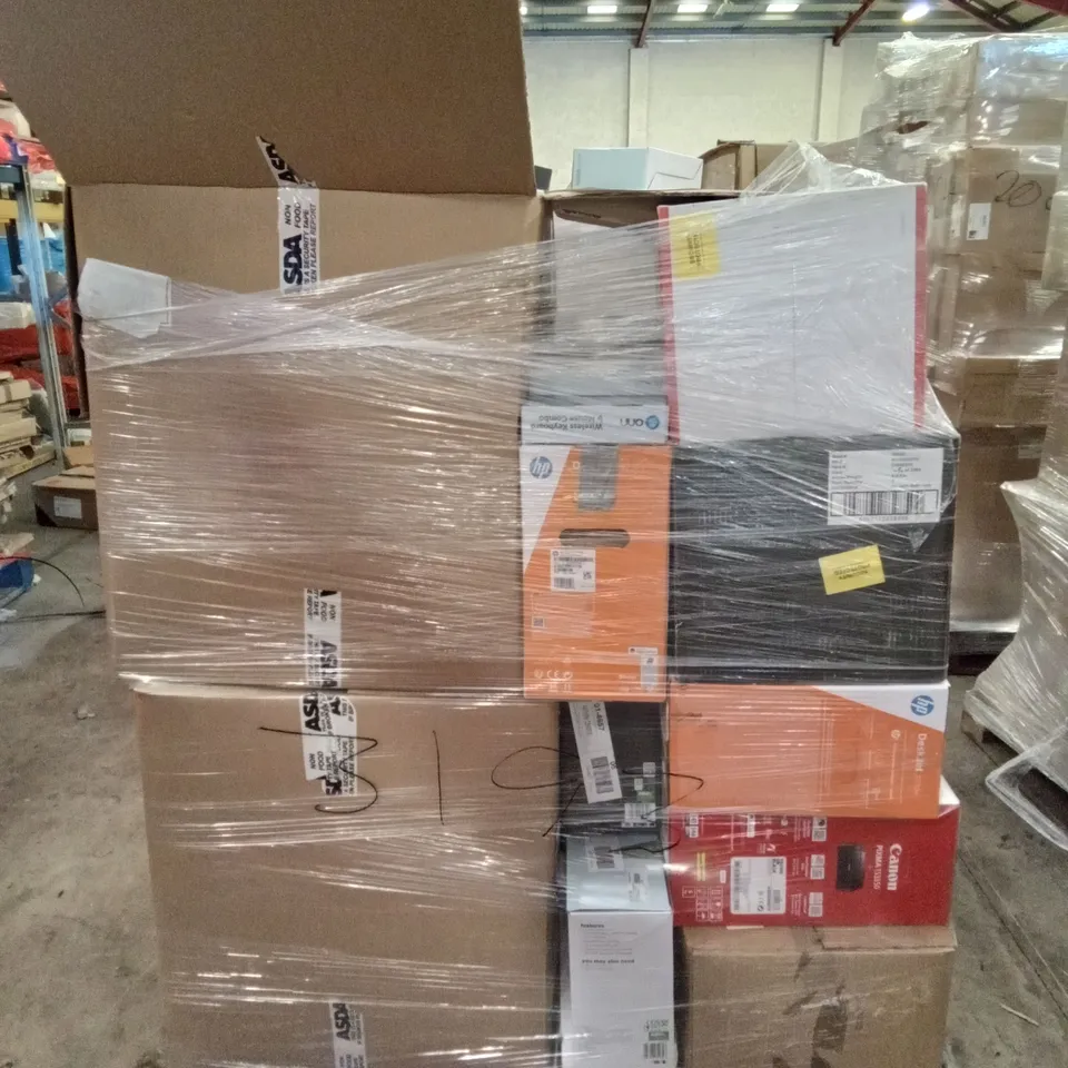 PALLET OF ASSORTED ELECTRONICS INCLUDING JVC HEADPHONES, SHARP PARTY SPEAKER SYSTEM,  POLAROID CD PLAYER, HDMI DVD PLAYER WITH REMOTE, ONN PORTABLE AM/FM RADIO, CANON PIXMA 