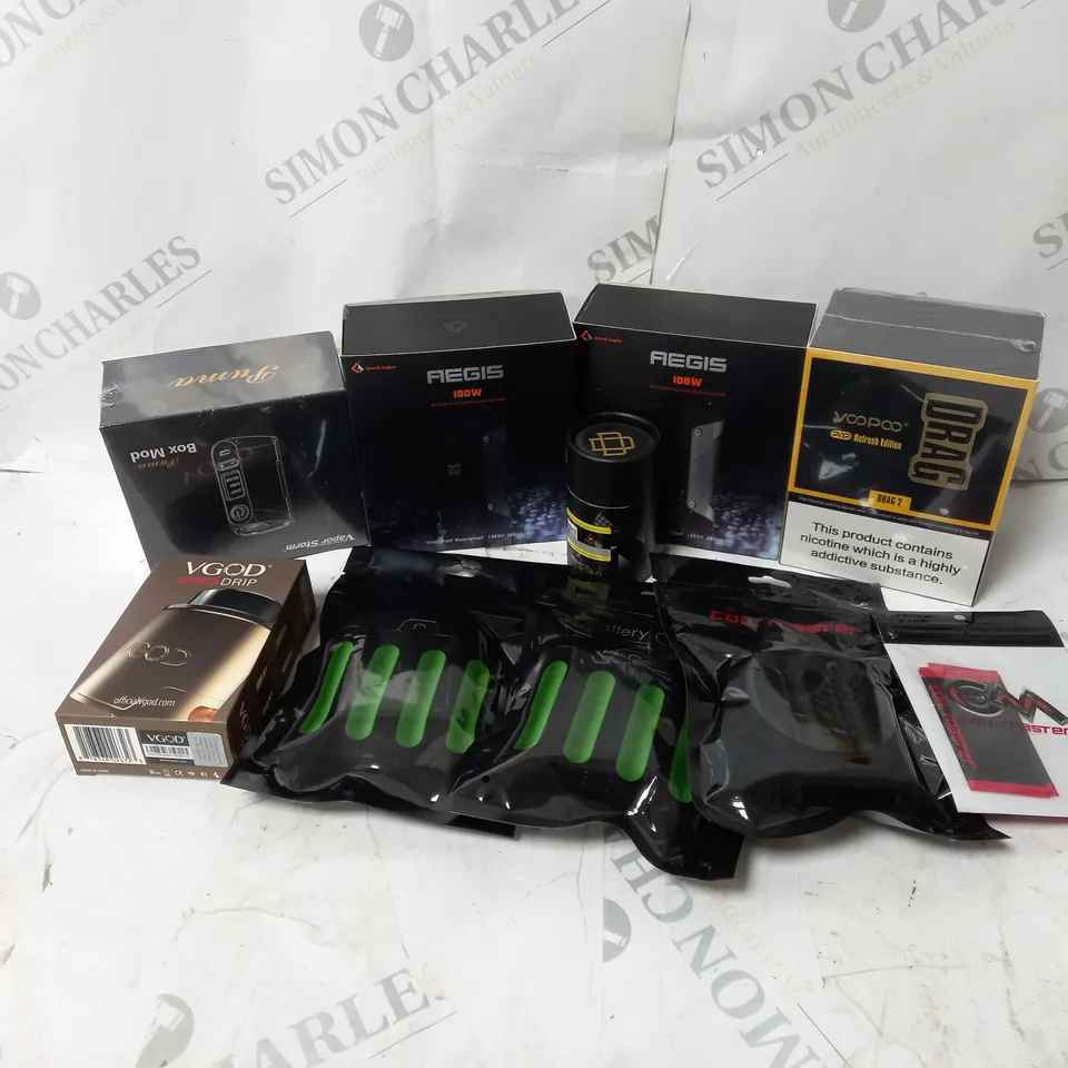 BOX OF APPROXIMATELY 10 ASSORTED E-CIG PRODUCTS TO INCLUDE VOOPOO, AEGIS, VGOD