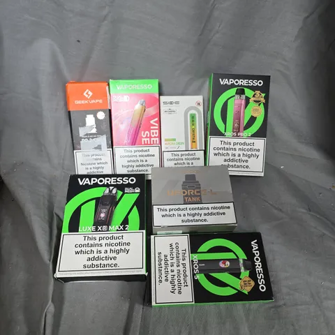 APPROXIMATELY 25 ASSORTED VAPE & E-CIGARETTE PRODUCTS TO INCLUDE BRANDS SUCH AS GEEKVAPE, VAPORESSO, VOOPOO, ETC