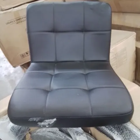 A BOXED PAIR OF BLACK FAUX LEATHER UPHOLSTERED HEIGHT ADJUSTABLE SWIVEL STOOL