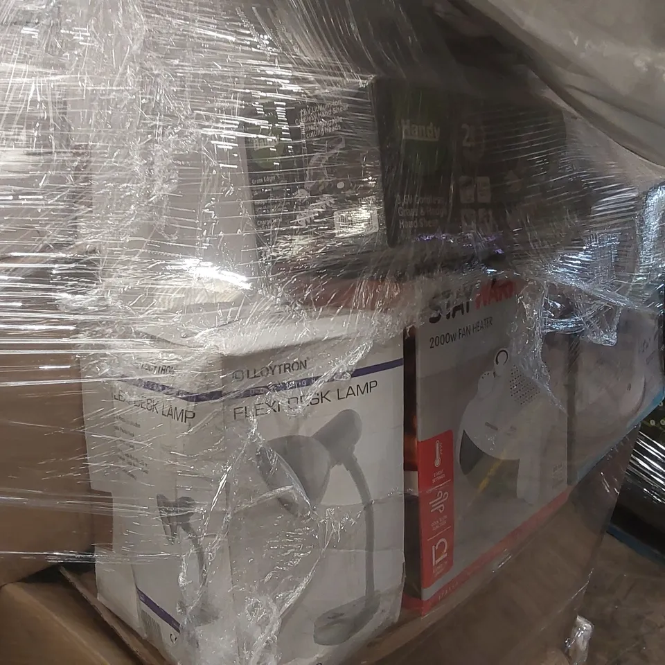 PALLET CONTAINING A VERY LARGE QUANTITY OF ASSORTED ITEMS INCLUDING: DEKS FAN, DESK LAMP, BATH PANEL, 2000W FAN HEATER, NEBO ULTRA BRIGHT LANTERN/POWERBANK ECT