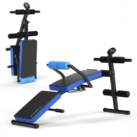 BOXED GOPLUS MULTI-FUNCTIONAL FOLDABLE WEIGHT BENCH ADJUSTABLE SIT-UP BOARD W/ MONITOR - BLUE