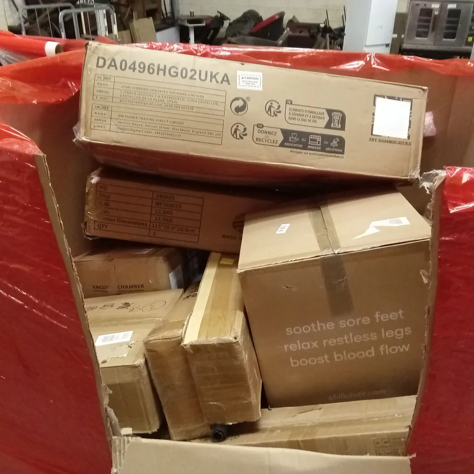 PALLET OF ASSORTED HOUSEHOLD GOODS AND PRODUCTS TO INCLUDE; HEATING PANEL, LED LIGHTING, BOXED FURNITURE ETC