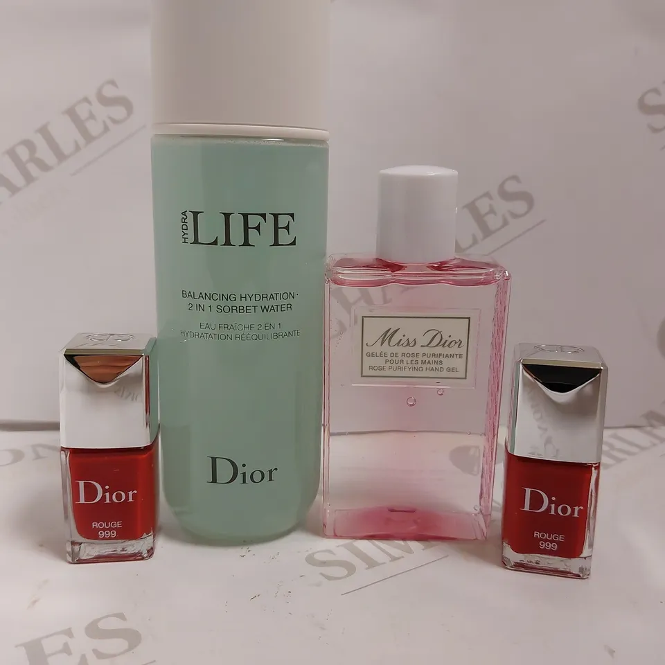 4 DIOR ITEMS TO INCLUDE MISS DIOR HAND GEL, DIOR NAIL POLISH AND HYDRALIFE SORBET WATER