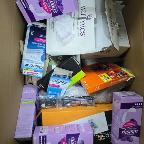 LARGE BOX OF APPROX 20 ASSORTED ITEMS TO INCLUDE GILLETTE , SANITARY PADS AND SCALES