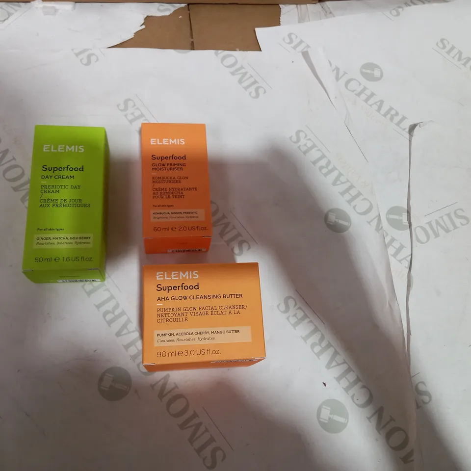 BOXED ELEMIS PRODUCTS TO INCLUDE: DAY CREAM, AHA GLOW CLEANSING BUTTER, GLOW PRIMING MOISTURISER