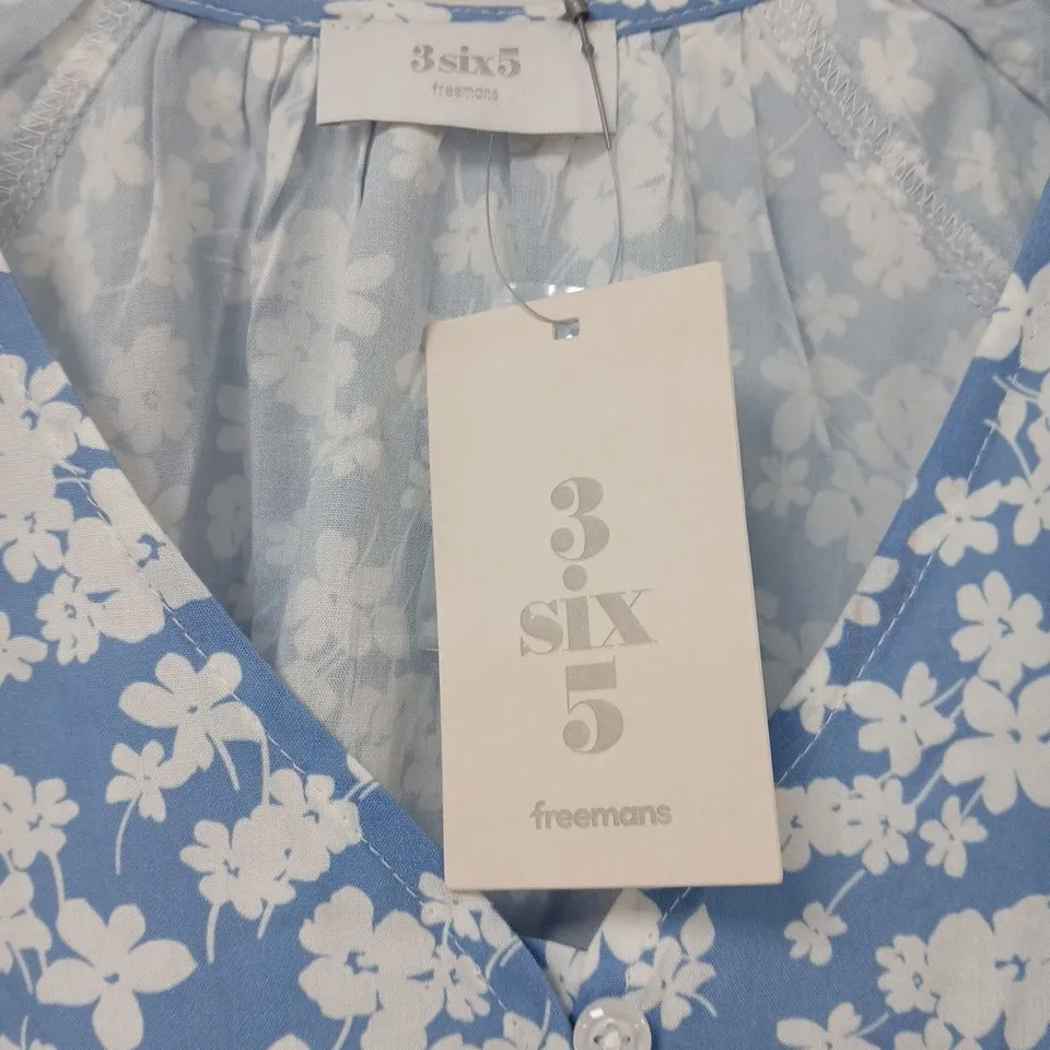 3SIX5 FLORAL DRESS – BLUE WITH WHITE FLOWERS, SHORT PUFF SLEEVES - SIZE 14