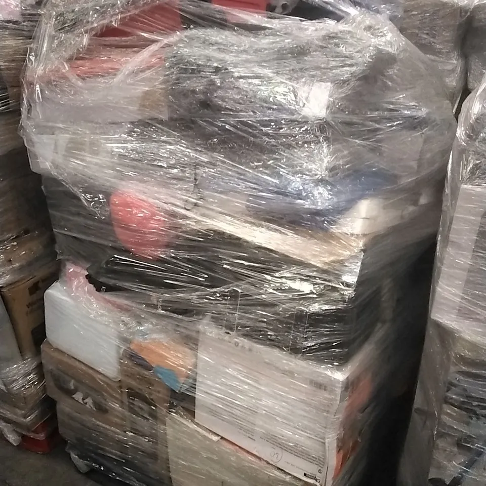 PALLET CONTAINING A LARGE QUANTITY OF ASSORTED HOUSEHOLD GOODS WHICH INCLUDE; AIR FRYERS, SUITCASES, FANS, COOLING MATS ETC 
