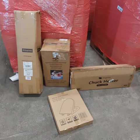 PALLET OF ASSORTED ITEMS INCLUDING: CHUCK HEATER, CAMPING CHAIR, CHRISTMAS DECORATIONS, TOILET SEAT ECT