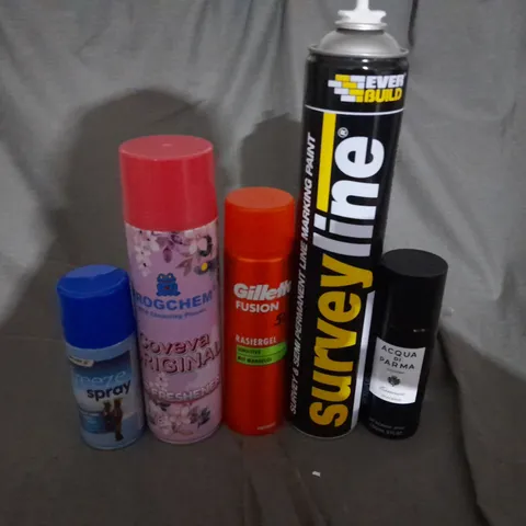 BOX OF APPROXIMATELY 10 AEROSOLS TO INCLUDE  - FREEZE SPRAY - ACQUADI PARMA - GILLETTE FUSION - COLLECTION ONLY 