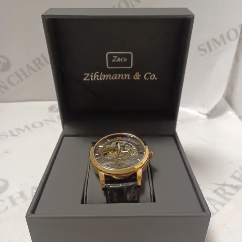 MENS ZIHLMANN & CO AUTOMATIC WATCH - Z210 β SKELETON DIAL β GOLD COLOUR CASE β GENUINE LEATHER β HAND ASSEMBLED