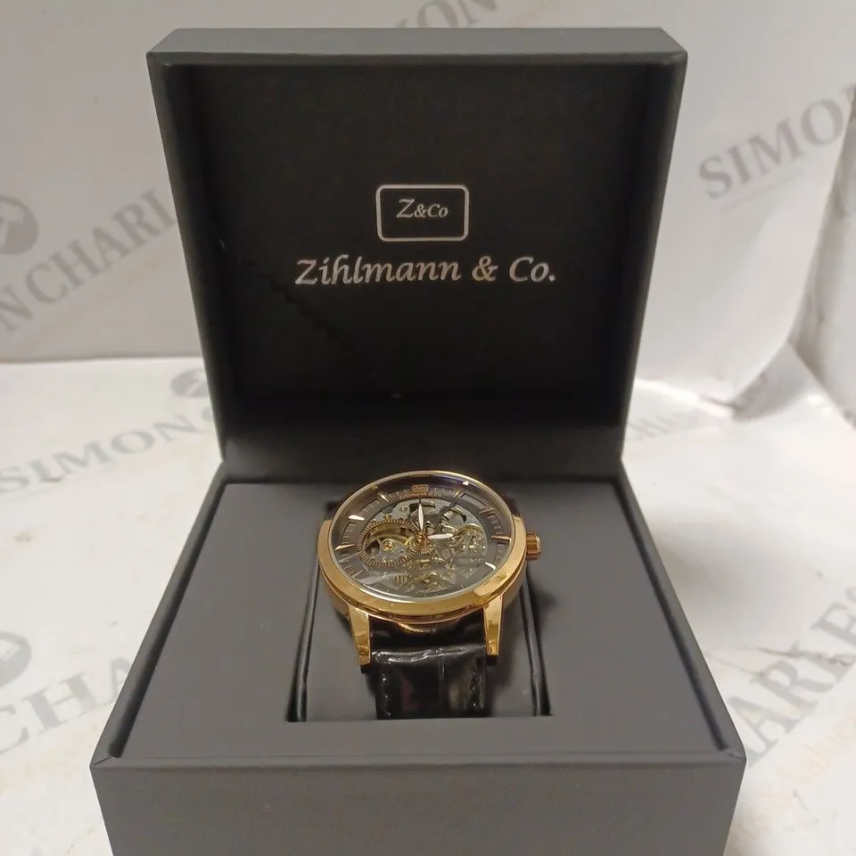 MENS ZIHLMANN & CO AUTOMATIC WATCH - Z210 – SKELETON DIAL – GOLD COLOUR CASE – GENUINE LEATHER – HAND ASSEMBLED