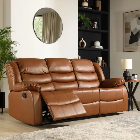 BOXED SORRENTO 3 SEATER RECLINER SOFA, TAN PREMIUM FAUX LEATHER (1 BOX)