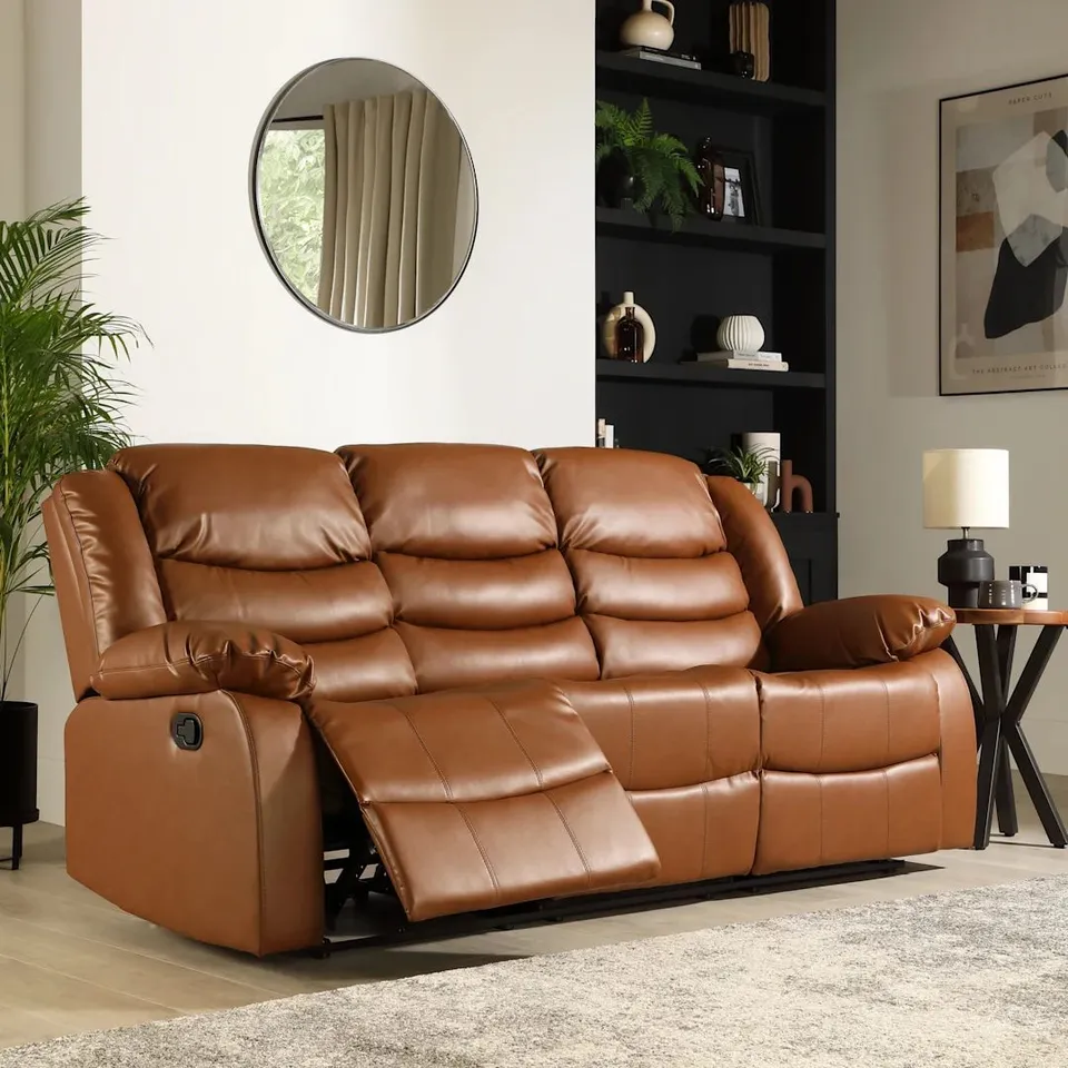 BOXED SORRENTO 3 SEATER RECLINER SOFA, TAN PREMIUM FAUX LEATHER (1 BOX)