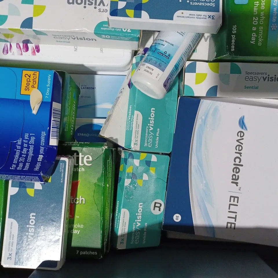 APPROXIMATELY 20 ASSORTED HOUSEHOLD ITEMS TO INCLUDE EASYVISION CONTACT LENSES, OPTIMALE CONTACT LENSES, ETC