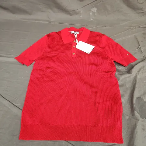 TOMMY HILFIGER RIB BUTTON SLIM POLO SHORT SLEEVE SWEATER IN RED SIZE M