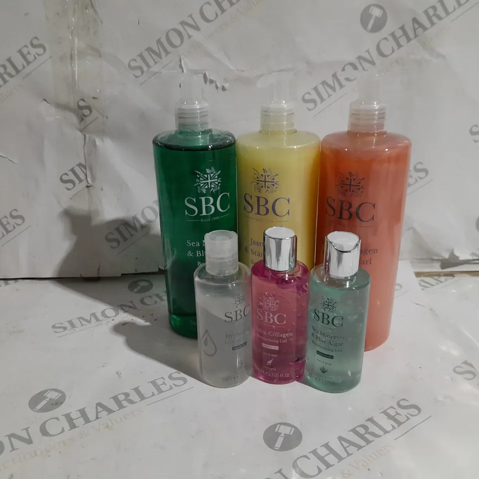 BOXED SET OF 6 ASSORTED SBC BODY WASH PRODUCTS TO INCLUDE SEA MINERALS AND BLUE ALGAE 500ML, HYDRA COLLAGEN AND BLACK PEARL 500ML, JASMINE AND STAR FLOWER 500ML