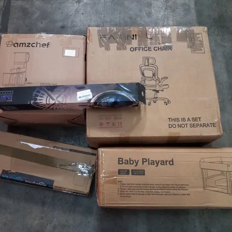 PALLET OF ASSORTED PRODUCTS INCLUDING OFFICE CHAIR, BABY PLAYPEN, COMPASS MOUSE PAD, SLOW JUICER, MULTIFUNCTIONAL PUSH UP BOARD