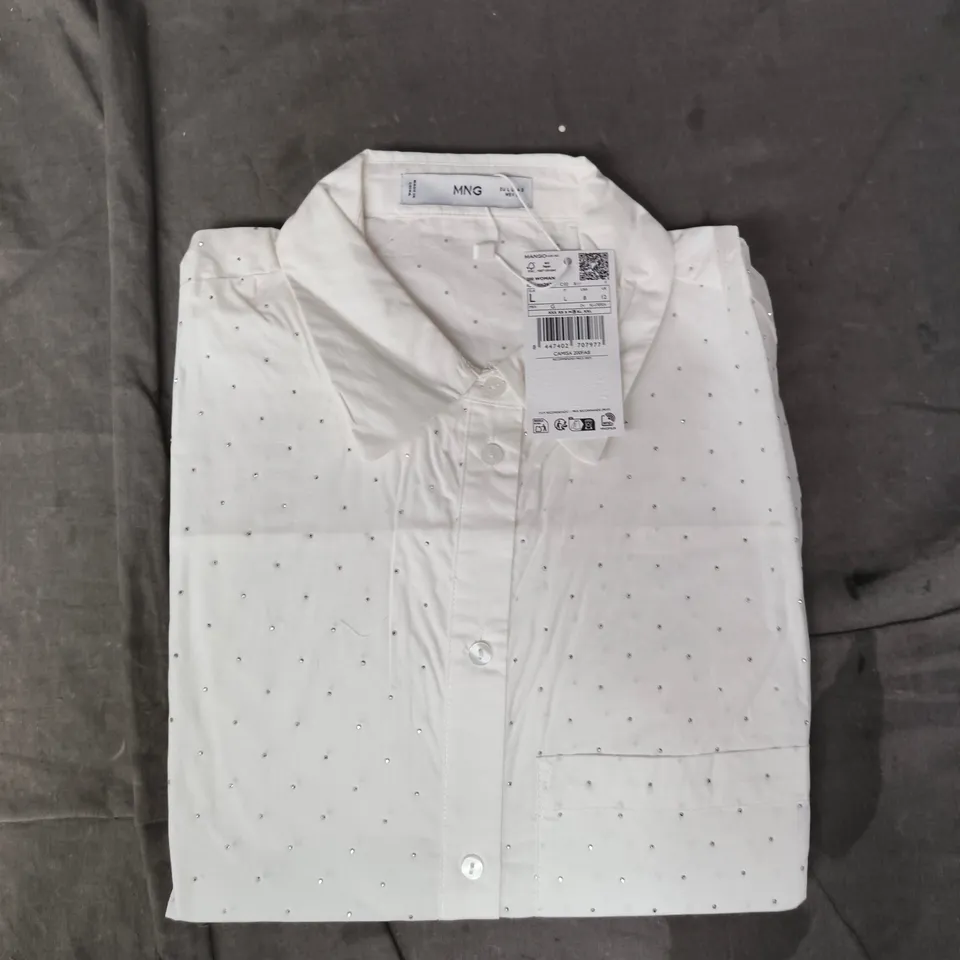 MANGO WOMEN'S BUTTON-UP SHIRT FEATURING A SUBTLE RHINESTONE EMBELLISHMENT PATTERN SIZE 12