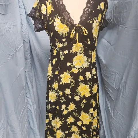 NOBODY'S CHILD MORGAN MIDAXI DRESS – BLACK WITH YELLOW FLORAL PRINT, UK 12 (EU 40, USA 8) – MADE IN VIETNAM