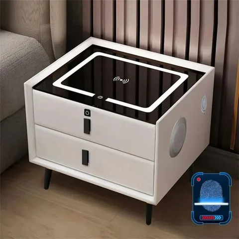 BOXED SMART BEDSIDE TABLE WITH 3-COLOR LIGHT, WIRELESS CHARGING, USB, BLUETOOTH
