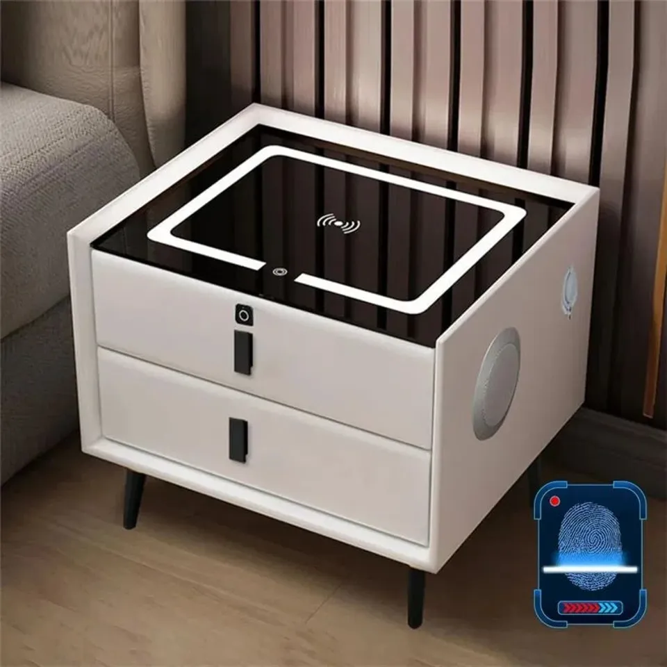 BOXED SMART BEDSIDE TABLE WITH 3-COLOR LIGHT, WIRELESS CHARGING, USB, BLUETOOTH