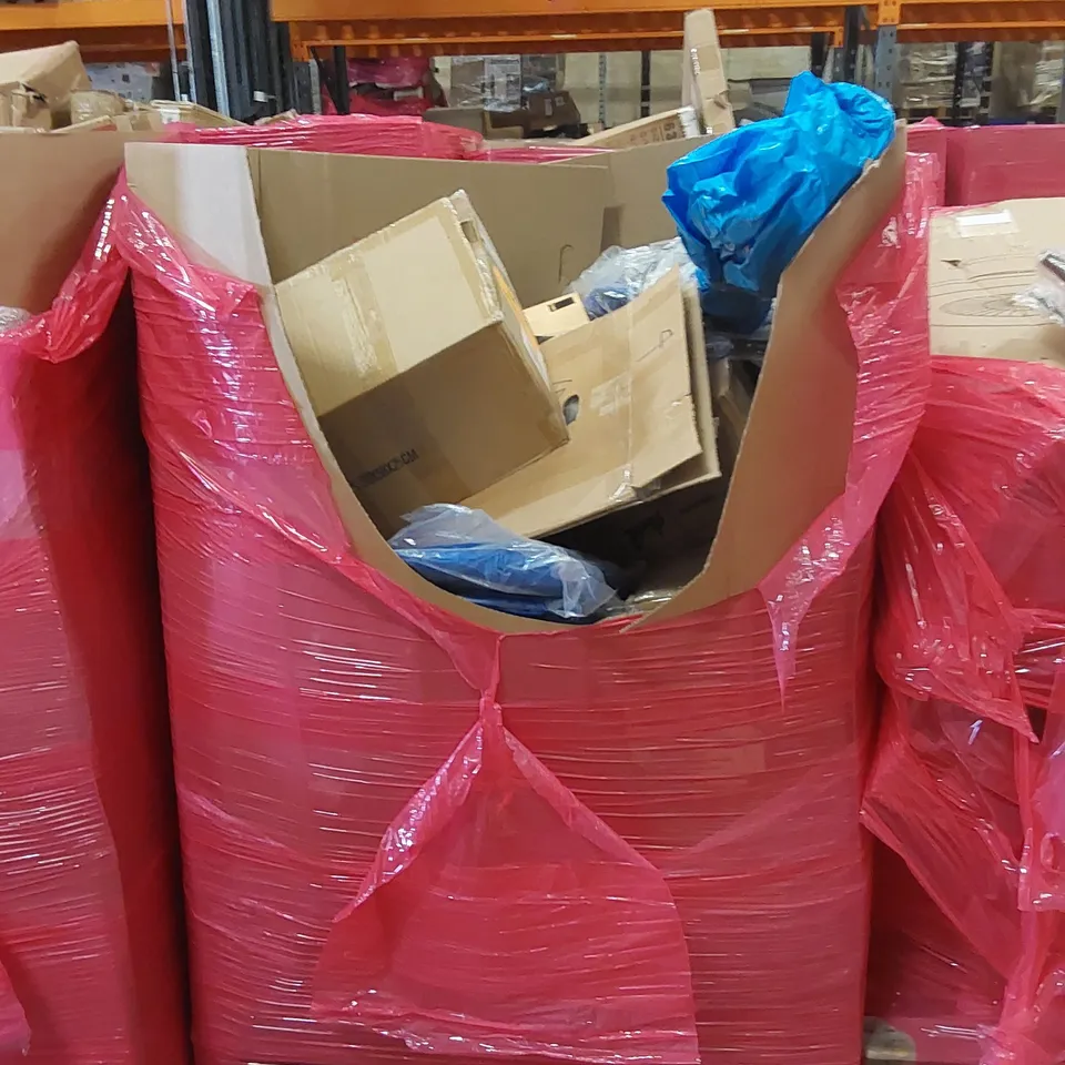 PALLET CONTAINING VARIOUS ASSORTED BOXED HOUSEHOLD ITEMS TO INCLUDE: EXERCISE MACHINE, HEPLIN SHOE RACKS, BOXED FURNITURE ETC