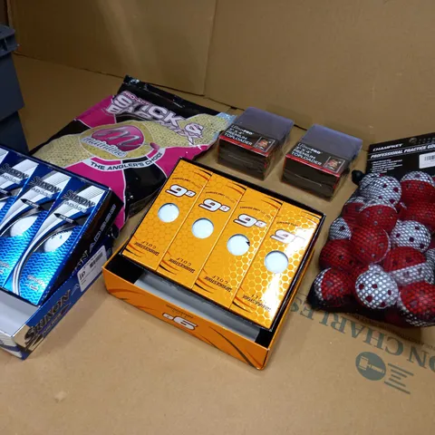 LOT OF APPROX 6 ASSORTED HOUSEHOLD/HOBBIE RELATED ITEMS TO INCLUDE: BOXED GOLF BALLS, ANGLER SAND, CARD PROTECTORS