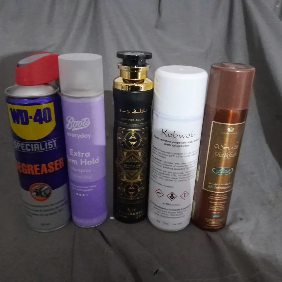 BOX OF APPROXIMATELY 15 AEROSOLS TO INCLUDE  - WD-40 - BOOTS HAIRSPRAY - KOBWEB SPRAY  - COLLECTION ONLY 